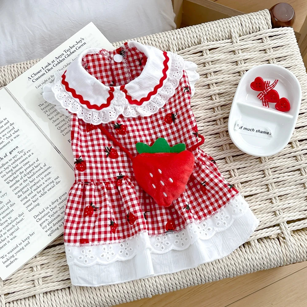Strawberry Dog Dress in Red and Pink