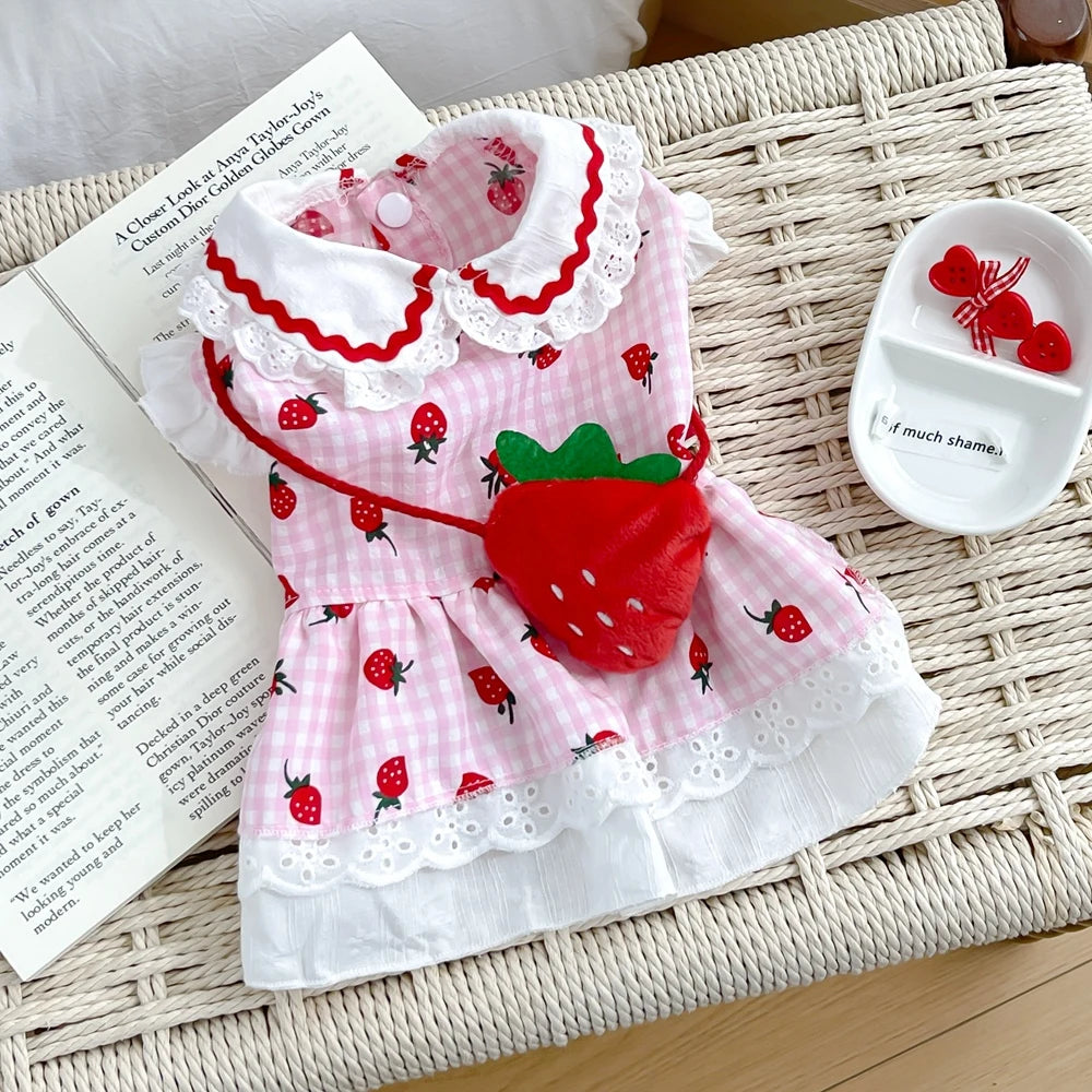 Strawberry Dog Dress in Red and Pink